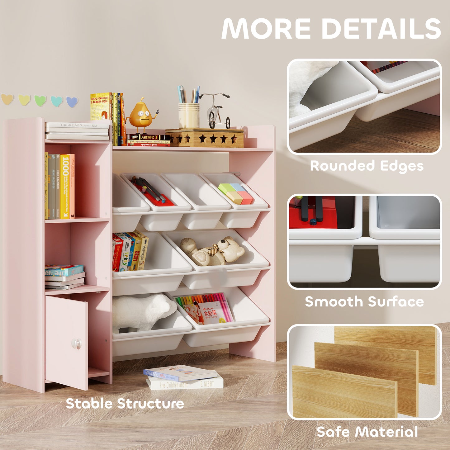 Toy Storage Unit with 8 Removable Bins, Storage Shelves, Cabinet, Pink