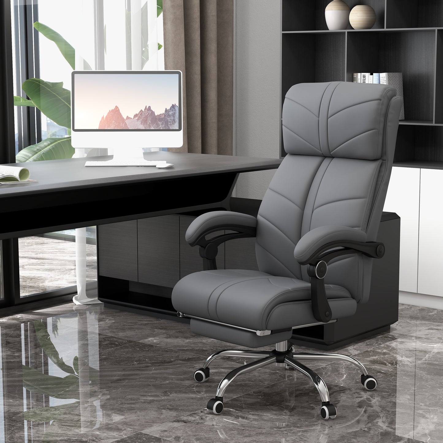 High Back Vibration Massage Office Chair, Heated Reclining PU Leather Computer Chair with Footrest, Grey