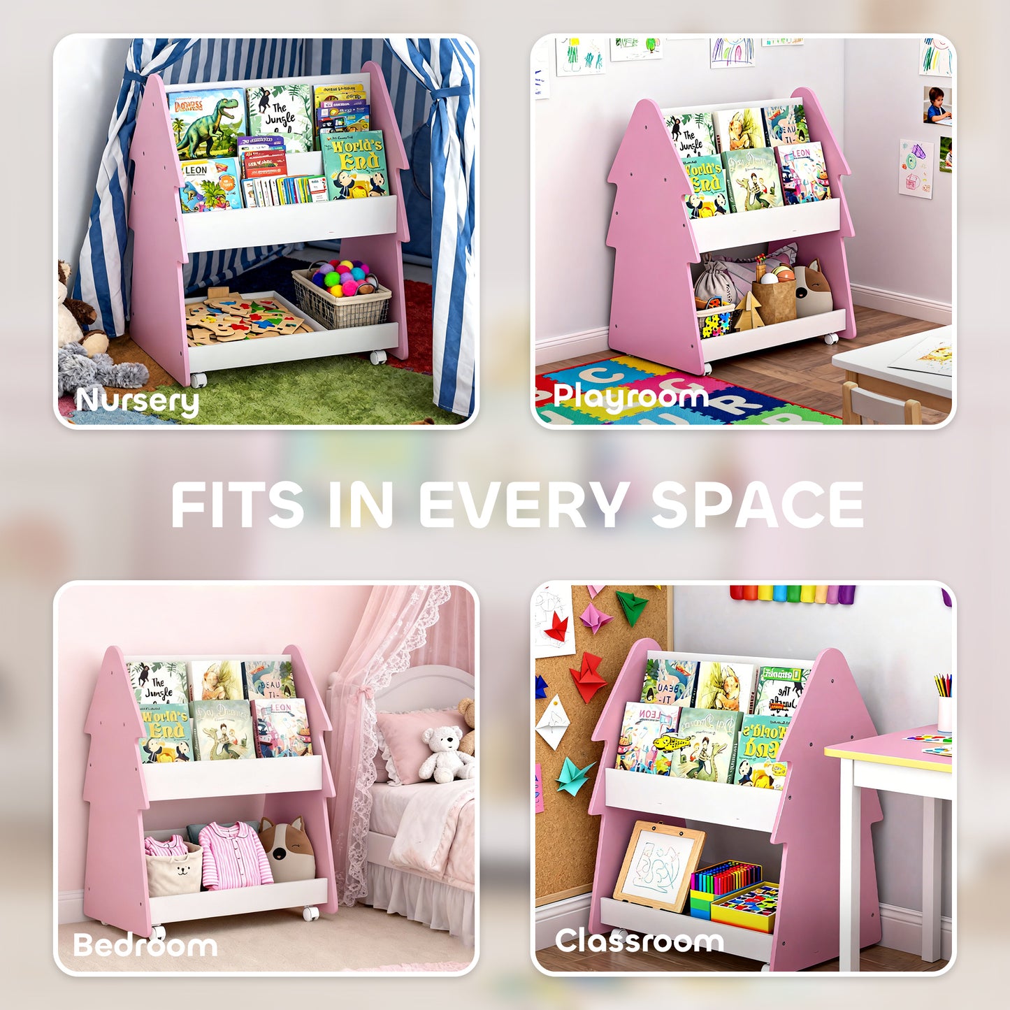Kids Bookshelf with Toy Storage, Double-Sided Bookcase with Wheels, 3 Tier Kids Book Rack for Bedroom, Pink