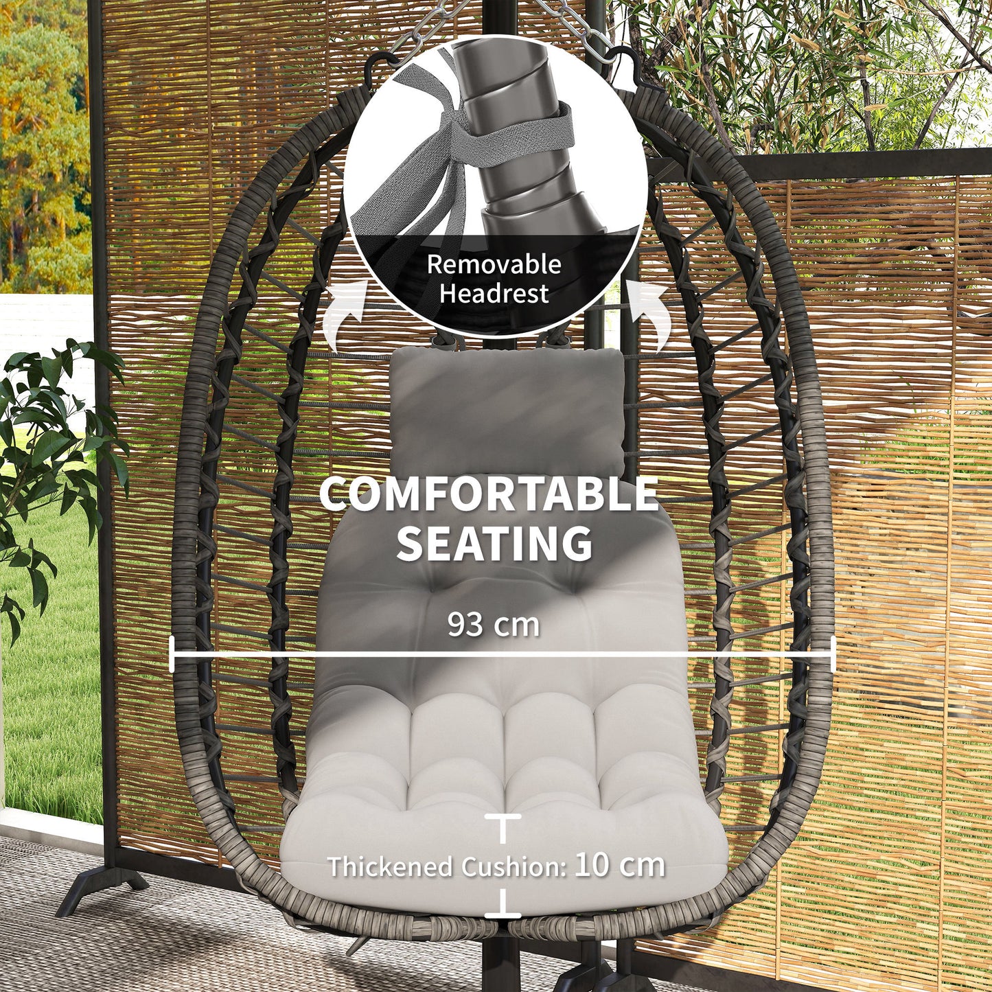 Rattan Hanging Egg Chair, Foldable Wicker Hammock Swing Chair with Cushion, Stand, Adjustable Height, Head Pillow