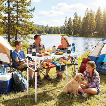 3ft Folding Camping Table, Picnic Table with Mesh Storage Layer, Carrying Bag and Metal Frame, Cream White