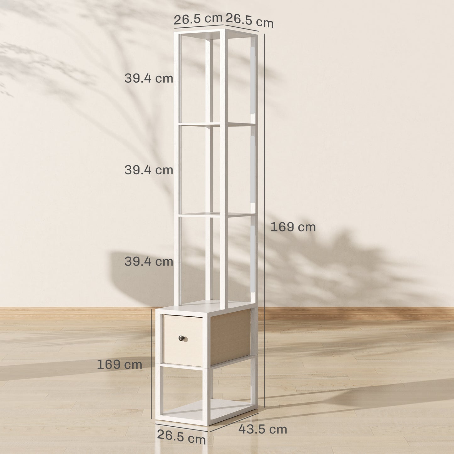 Floor Lamp with Shelves, LED Column Modern Standing Lamp with Fabric Drawer, Adjustable Brightness