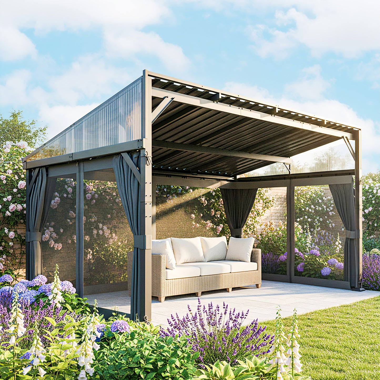 4.3 x 3 m Garden Pergola with Galvanised Steel Roof, Lean to Pergola Gazebo with Netting Curtains, Dark Grey