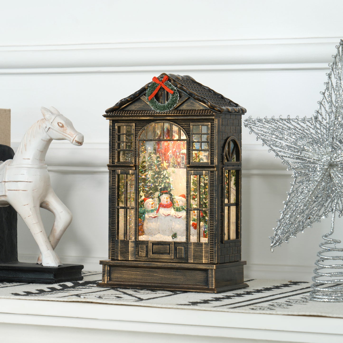 Christmas Snow Globe Lantern with Lights, Musical Snow Globe with Swirling Glitter