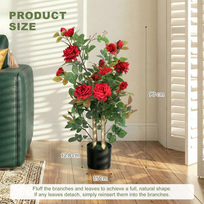 90cm Artificial Rose Tree Set of 2, Decorative Fake Plant with 344 Silk Leaves 17 Flowers for Outdoor Indoor Decor, Red