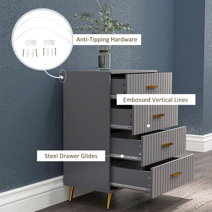 Four Drawer Embossed Line Dresser - Grey/Gold Tone