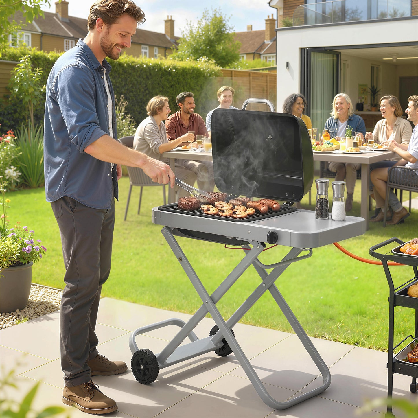 Foldable Gas BBQ Grill with Side Table, Portable Gas Barbecue Grill with Thermometer, Grease Box, Wheels, 2.5 kW, Black