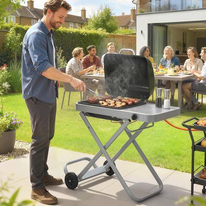 Foldable Gas BBQ Grill with Side Table, Portable Gas Barbecue Grill with Thermometer, Grease Box, Wheels, 2.5 kW, Black