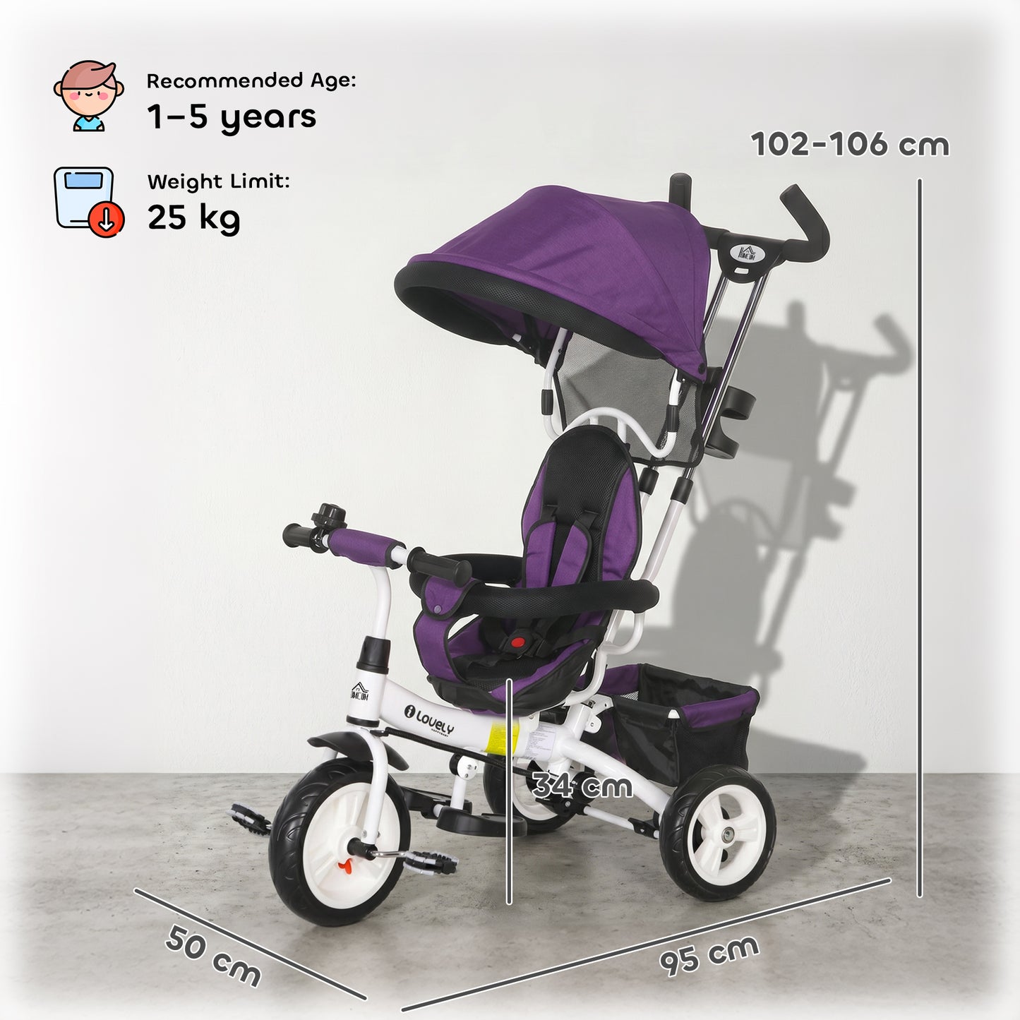 6 in 1 Kids Trike Push Bike w/ Push Handle, Canopy, 5-point Seat Belt, Storage, Footrest, Brake, for 1-5 Years, Purple