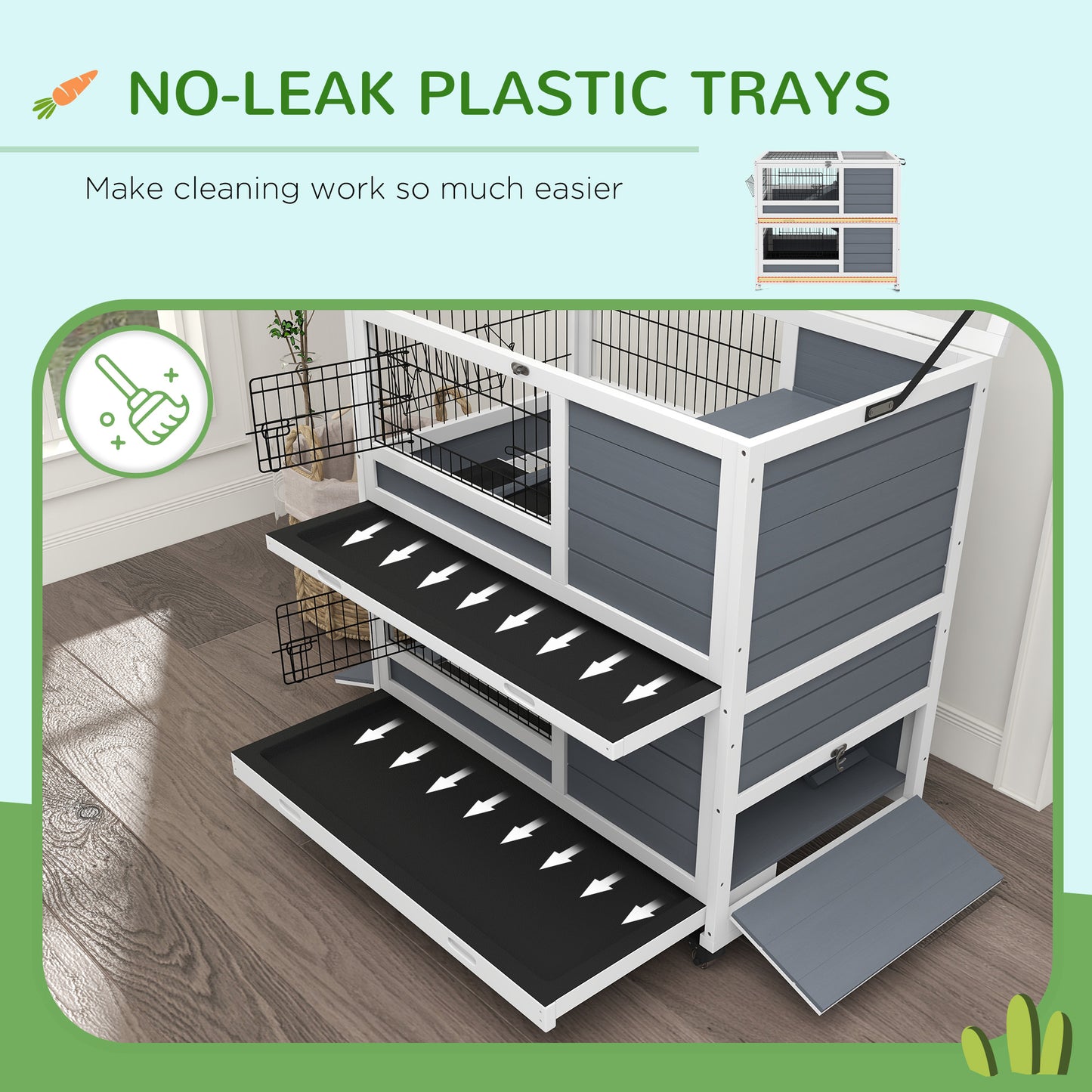 Double Deckers Guinea Pig Cage, Indoor Rabbit Hutch with Feeding Trough, Trays, Ramps, Openable Top - Grey