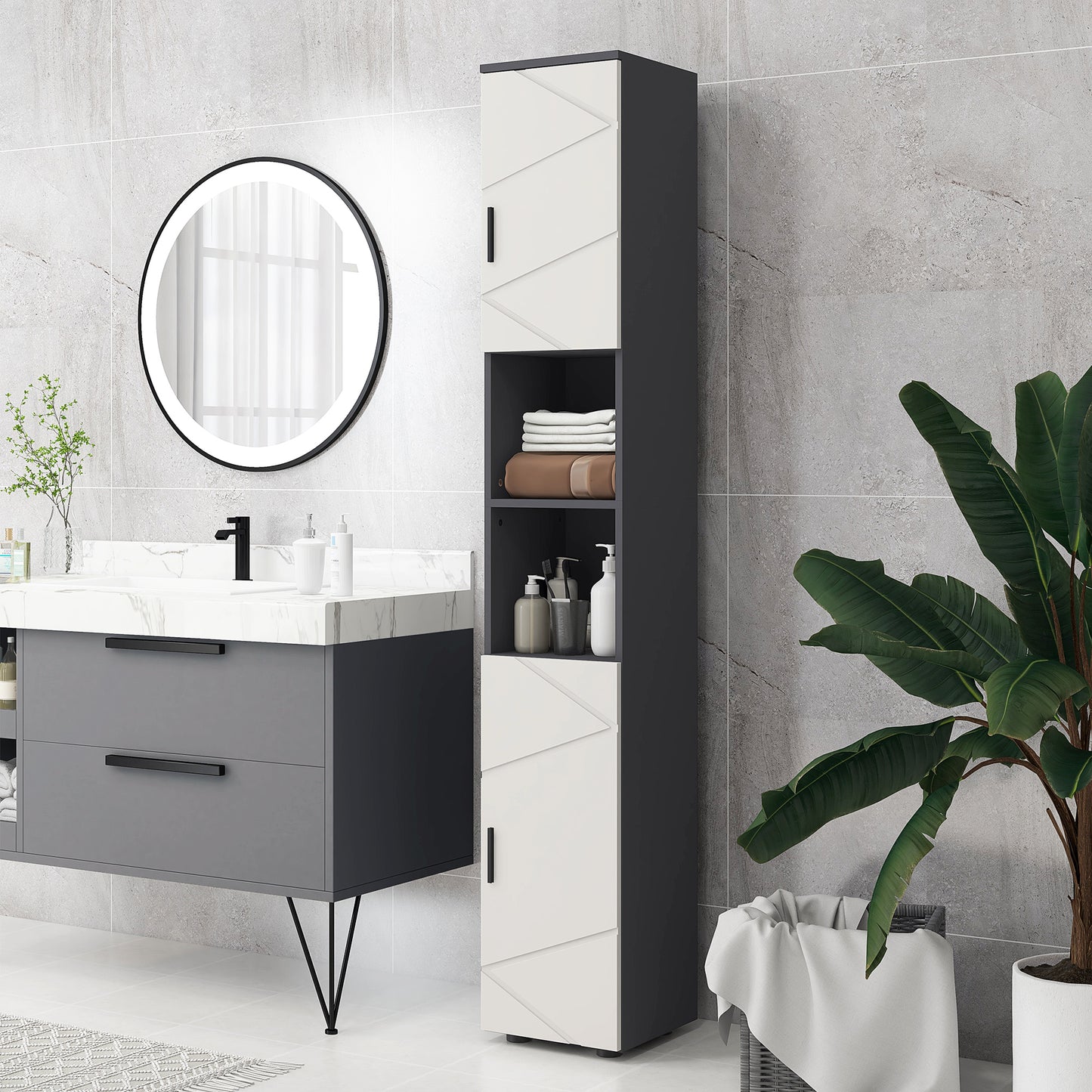 Line Embossed Tall Bathroom Storage Cabinet with Three-position Adjustable Shelves for Minimalist Style - Grey