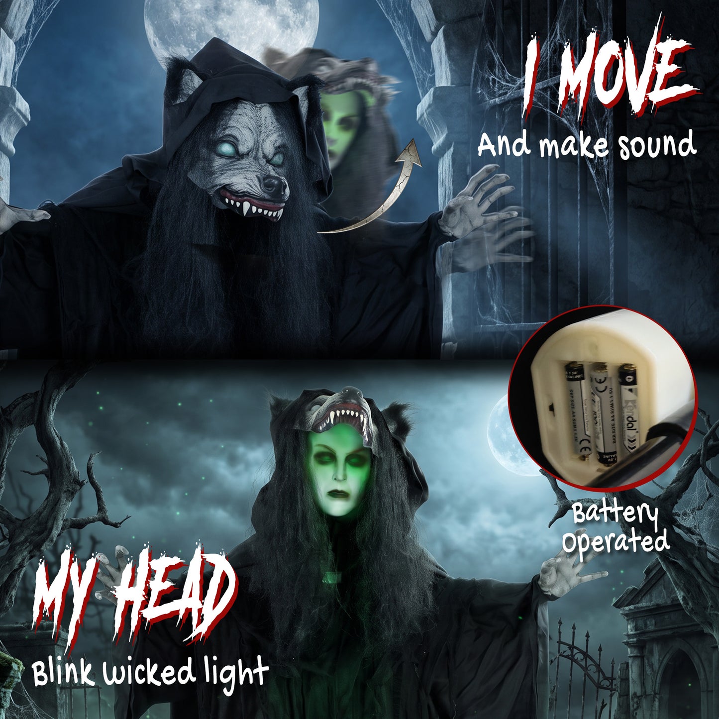 67"/170cm Life Size Animated Ghost with Werewolf Mask, Halloween Decorations Outdoor Indoor, Scary Halloween Animatronic