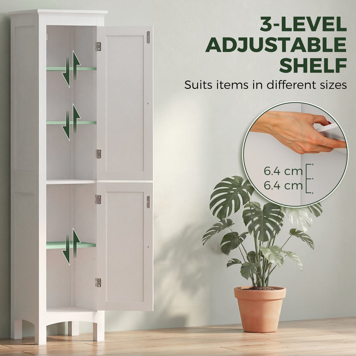 Tall Bathroom Storage Unit, Slim Bathroom Cabinet with Adjustable Shelves and Double Door, White