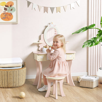 Kids Dressing Table, Girls Vanity Set with Mirror and Stool, 7 Play Accessories, Drawer, Desktop Storage, Pink