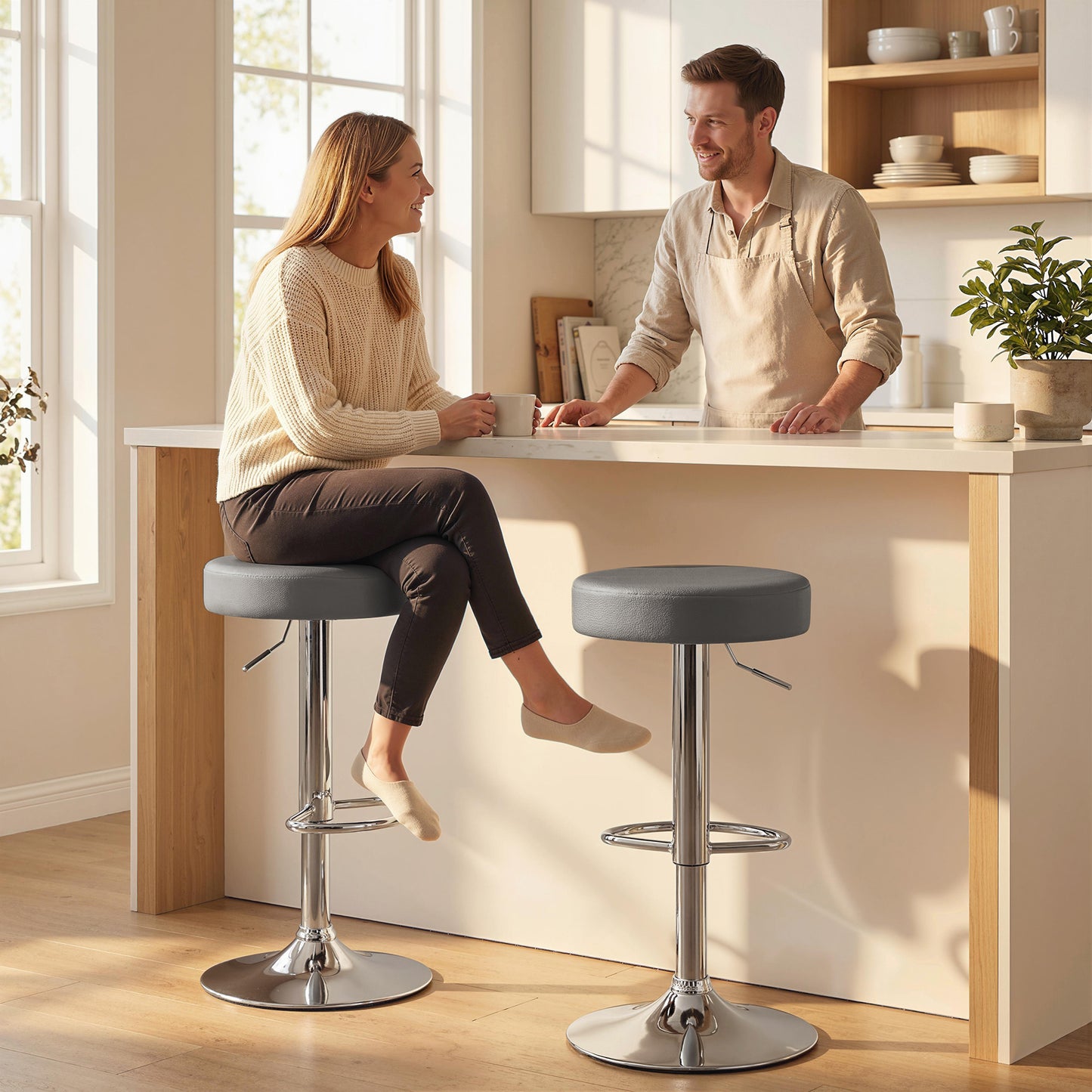 Bar Stools Set of 2, Modern PU Leather Swivel Barstools, Height Adjustable Breakfast Bar Chairs with Footrest, Grey