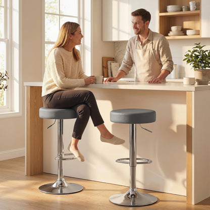Bar Stools Set of 2, Modern PU Leather Swivel Barstools, Height Adjustable Breakfast Bar Chairs with Footrest, Grey