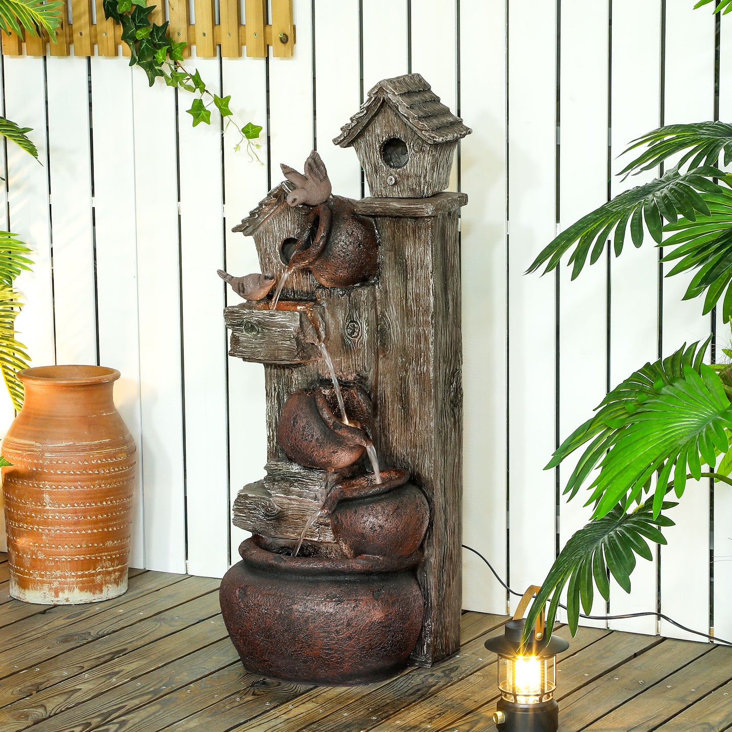 2-in-1 Waterfall Fountain with Birdhouse, Resin Garden Water Fountain with LED Lights Pump