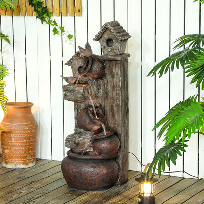 2-in-1 Waterfall Fountain with Birdhouse, Resin Garden Water Fountain with LED Lights Pump