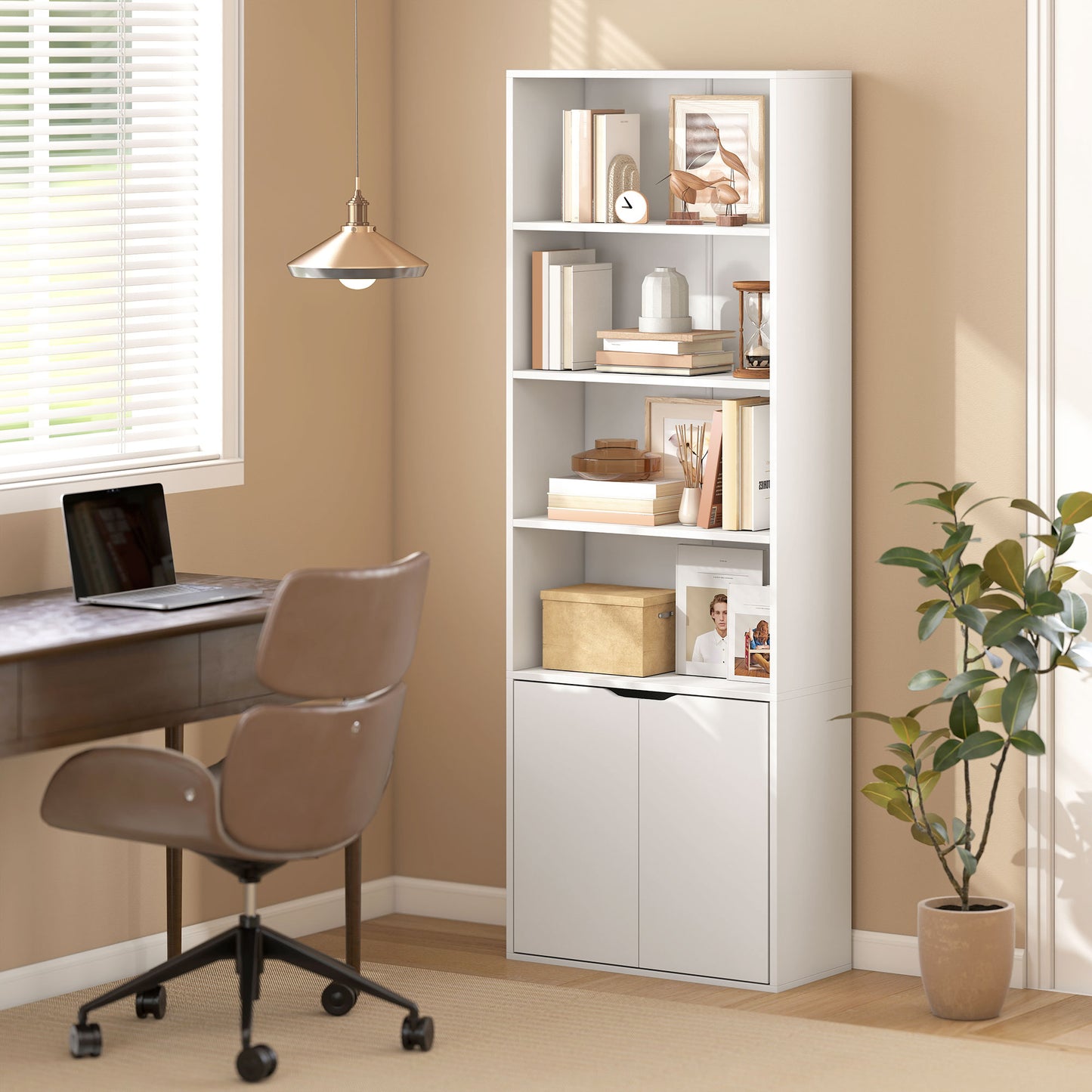 6-Tier Tall Bookcase, Bookshelf with 4 Open Shelves and Double Door Storage Cabinet
