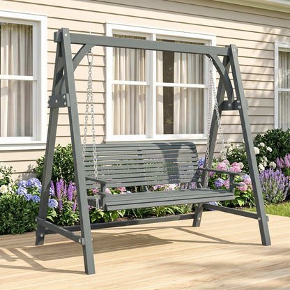 2 Seater Garden Swing Seat, Wooden Swing Chair Bench with Cup Holders for Outdoor Porch Patio, Grey
