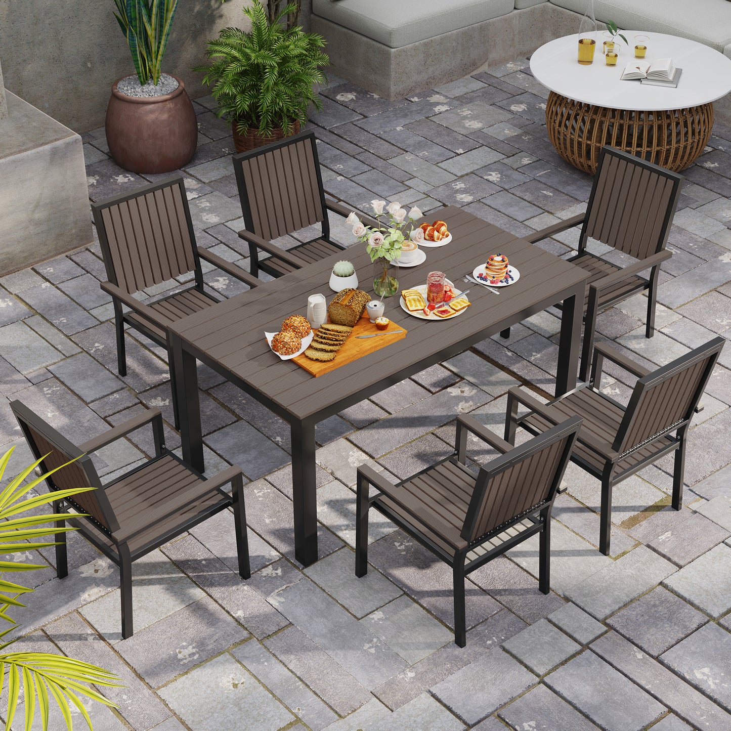6 Seater Garden Dining Set with Stackable Chairs, Aluminium Frame, Rectangular Plastic Top, Garden Furniture Set