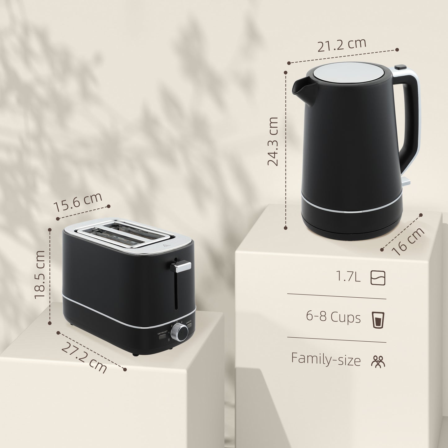 Kettle and Toaster Set, 1.7L 3000W Fast Boil Kettle & 2 Slice Toaster Kitchen Set with 6 Level Browning Controls, Defrost