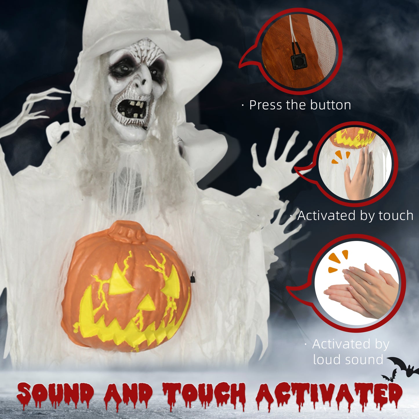 6ft Outdoor Halloween Decoration Witch with Pumpkin, Hanging Skeleton Witch Prop Life Size with Sound and Motion Activated
