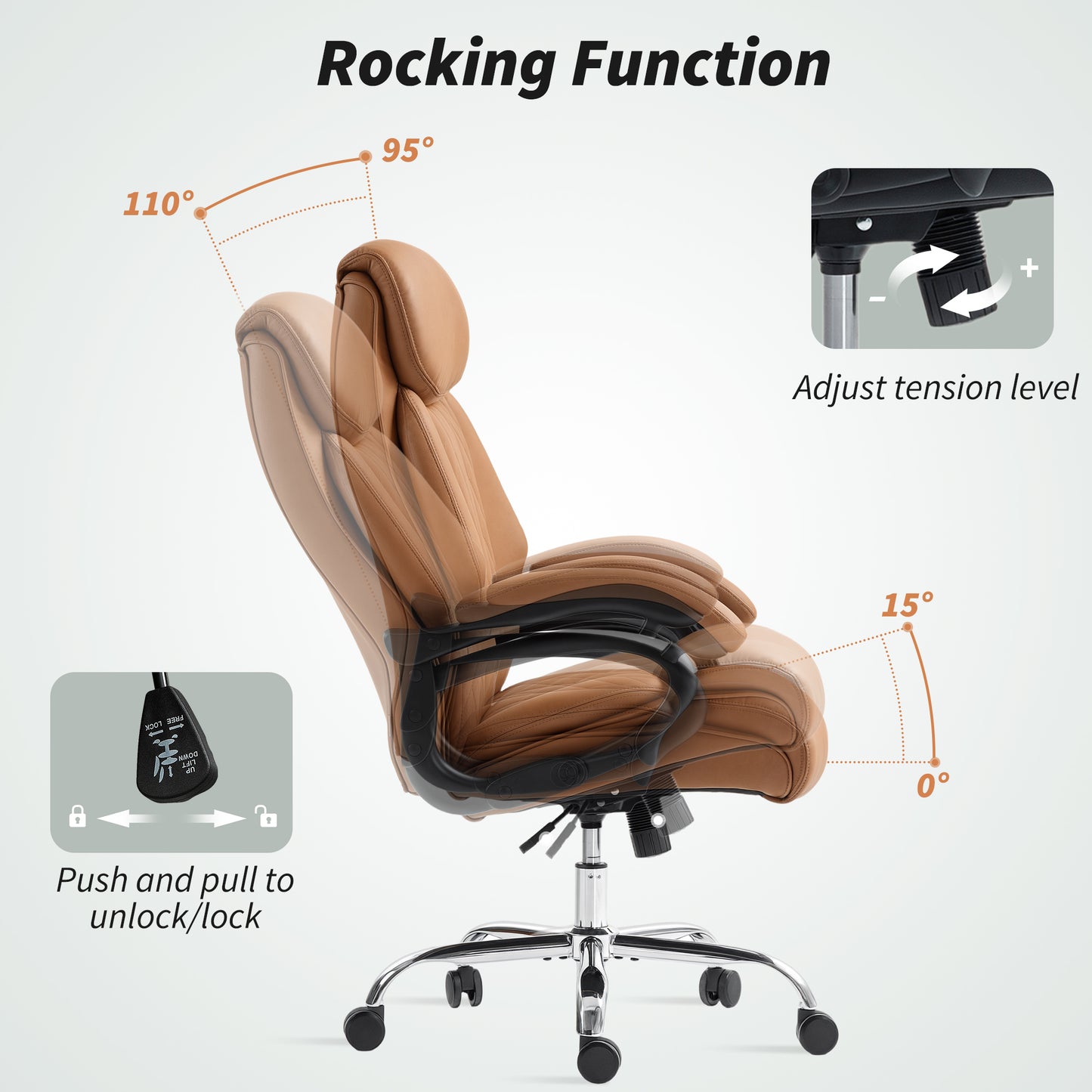 Spring Padded Faux Leather Office Chair with Super Padded, Reclining Office Chair - Light Brown