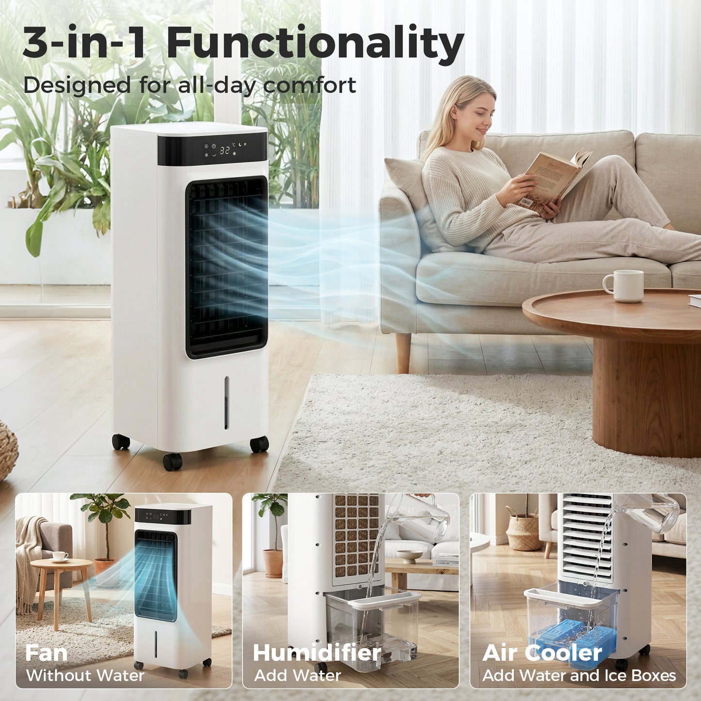 Portable Air Cooler, 3-In-1 Evaporative Air Cooler with 7 Litre Water Tank, 48° Oscillation, White