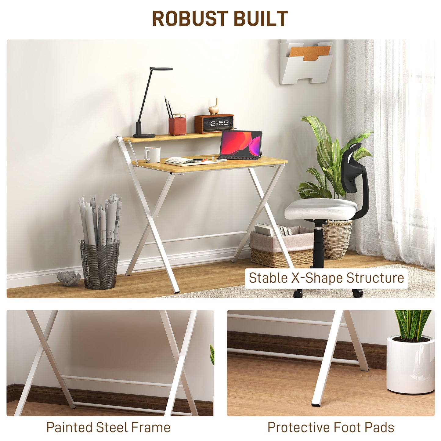 Compact Folding Desk for Small Spaces, Foldable Computer Desk with Storage Shelf for Home Office, 2-Tier Study Writing Table