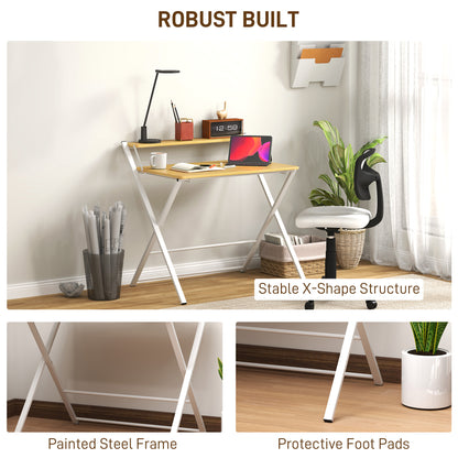 Compact Folding Desk for Small Spaces, Foldable Computer Desk with Storage Shelf for Home Office, 2-Tier Study Writing Table