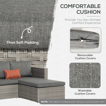 3 Pieces Outdoor PE Rattan Sofa Set, Patio Wicker Conversation Chaise Lounge Furniture w/ Tempered Glass Table-top & Soft Pad