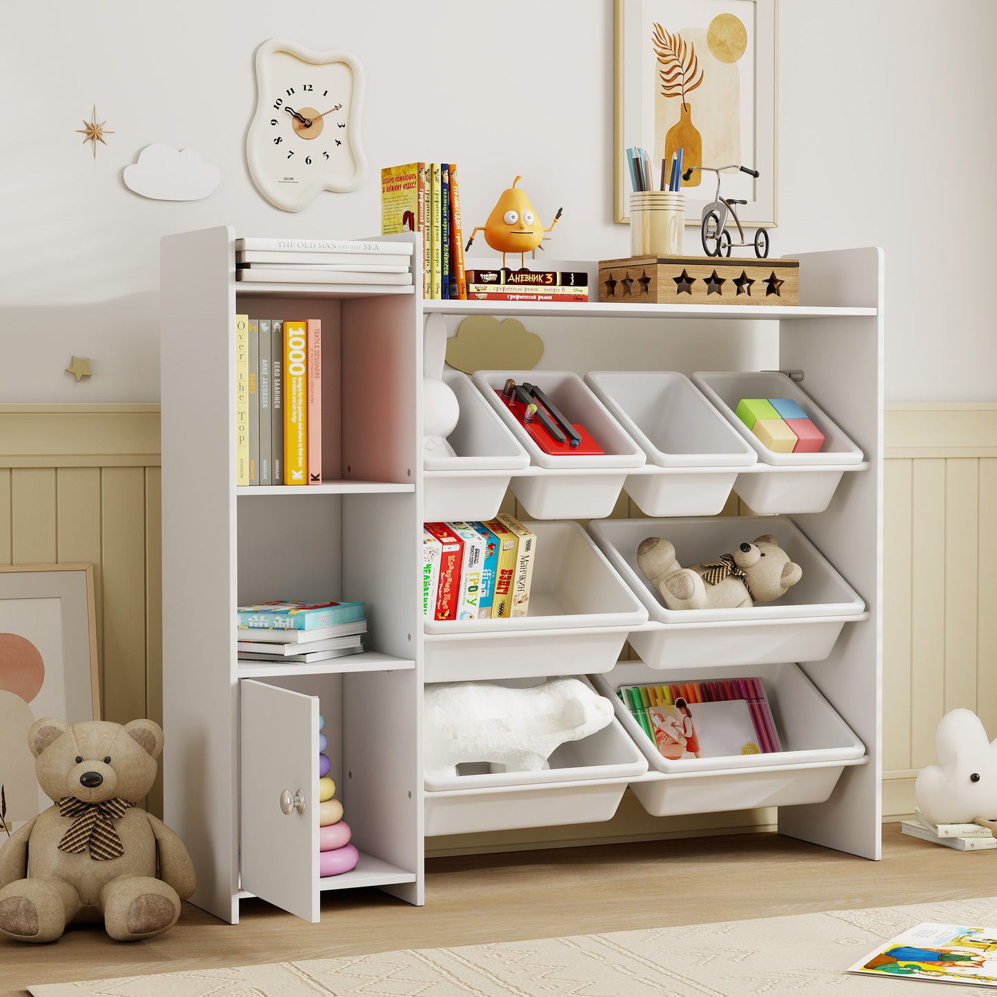 Toy Storage Unit with 8 Removable Bins, Storage Shelves, Cabinet, White
