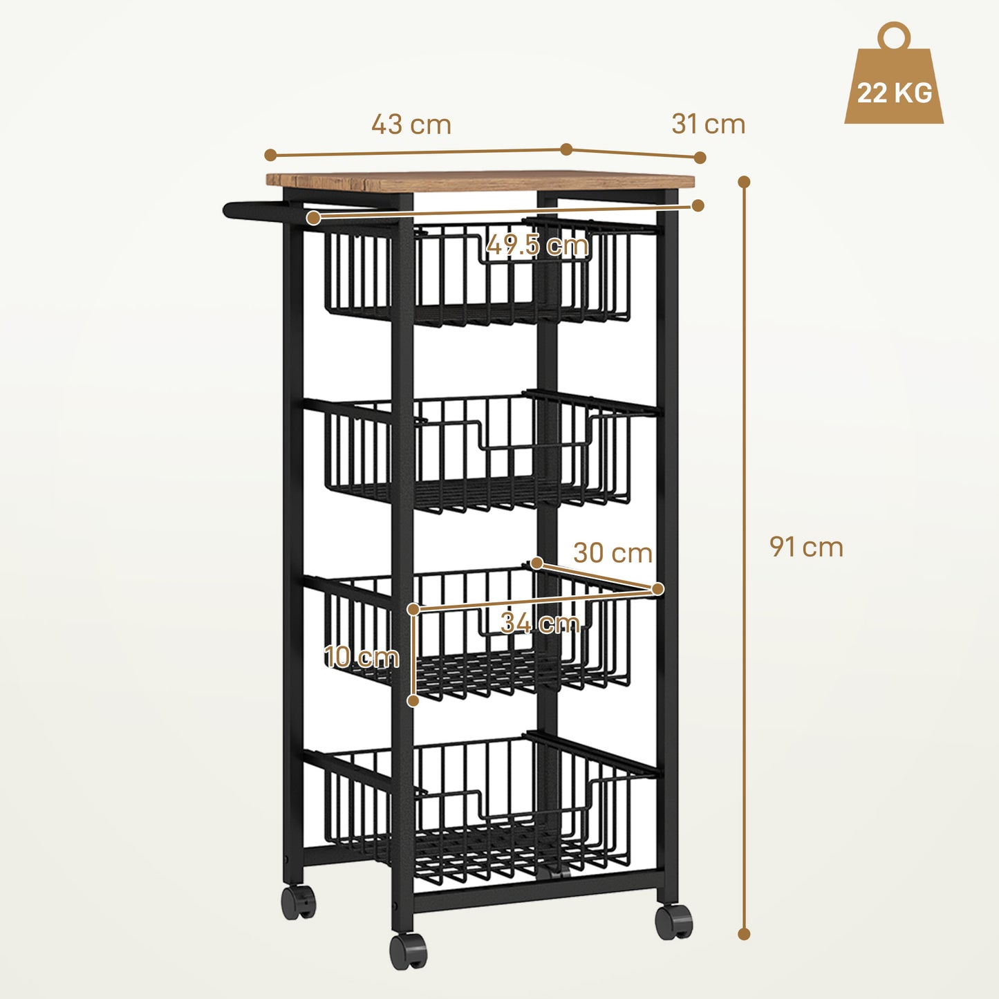 Four Basket Mobile Kitchen Island, with Brakes - Oak/Black