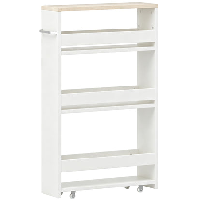 Storage Cart, 4-Tier Compact Storage Trolley on Wheels and Handle, 48W x 15D x 80H cm, White