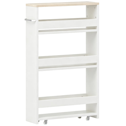 Storage Cart, 4-Tier Compact Storage Trolley on Wheels and Handle, 48W x 15D x 80H cm, White