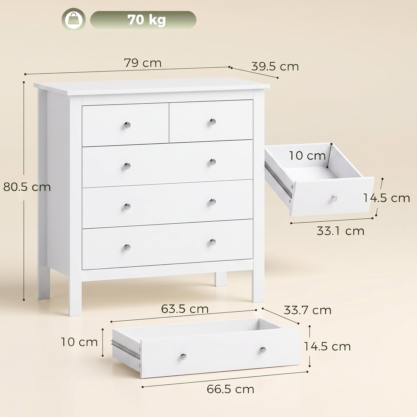 5 Drawer Chest of Drawers, Modern Dresser for Bedroom, Bedside Storage Cabinet