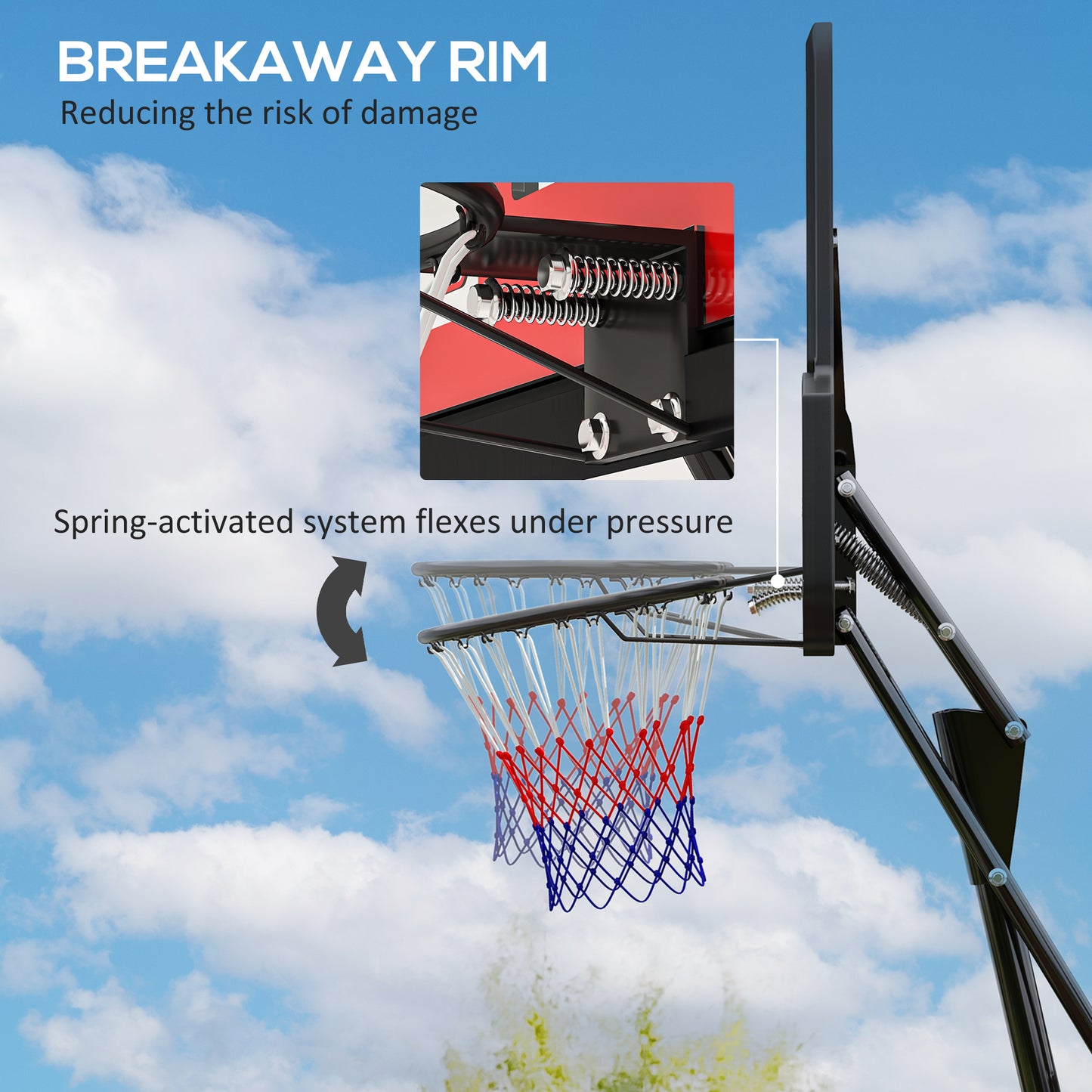 245-305cm Adjustable Basketball Hoop and Stand, with Wheels, Red