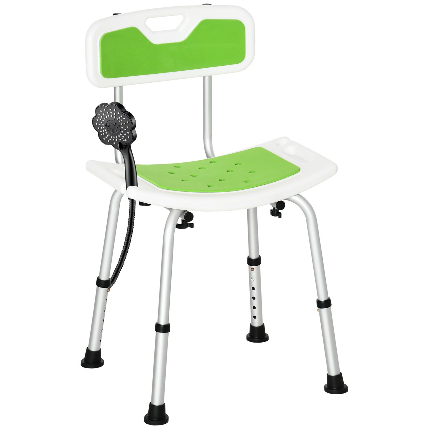 Shower Stool with Backrest, Height Adjustable Shower Chair with Anti-slip Foot Pads, Shower Head Holder, Green