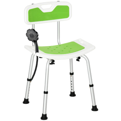 Shower Stool with Backrest, Height Adjustable Shower Chair with Anti-slip Foot Pads, Shower Head Holder, Green