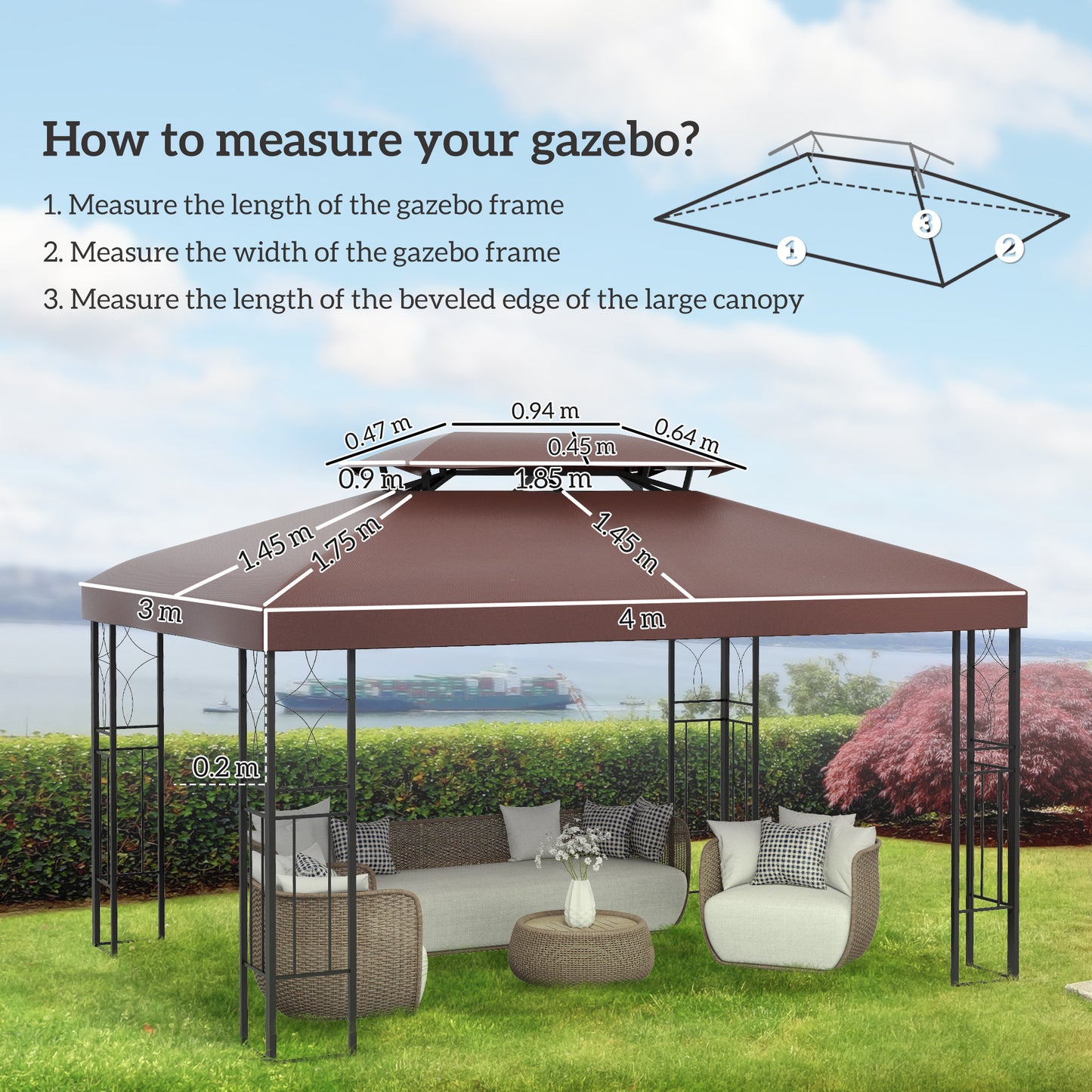 3x4m Gazebo Replacement Roof Canopy 2 Tier Top UV Cover Garden Patio Outdoor Sun Awning Shelters, Brown (TOP COVER ONLY)