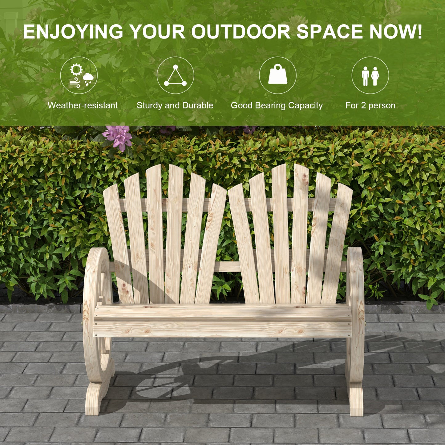 Fir Wood Love Seats with Wheel-Shaped Armrests, Large Load-Bearing Chair, Natural Wood Finish