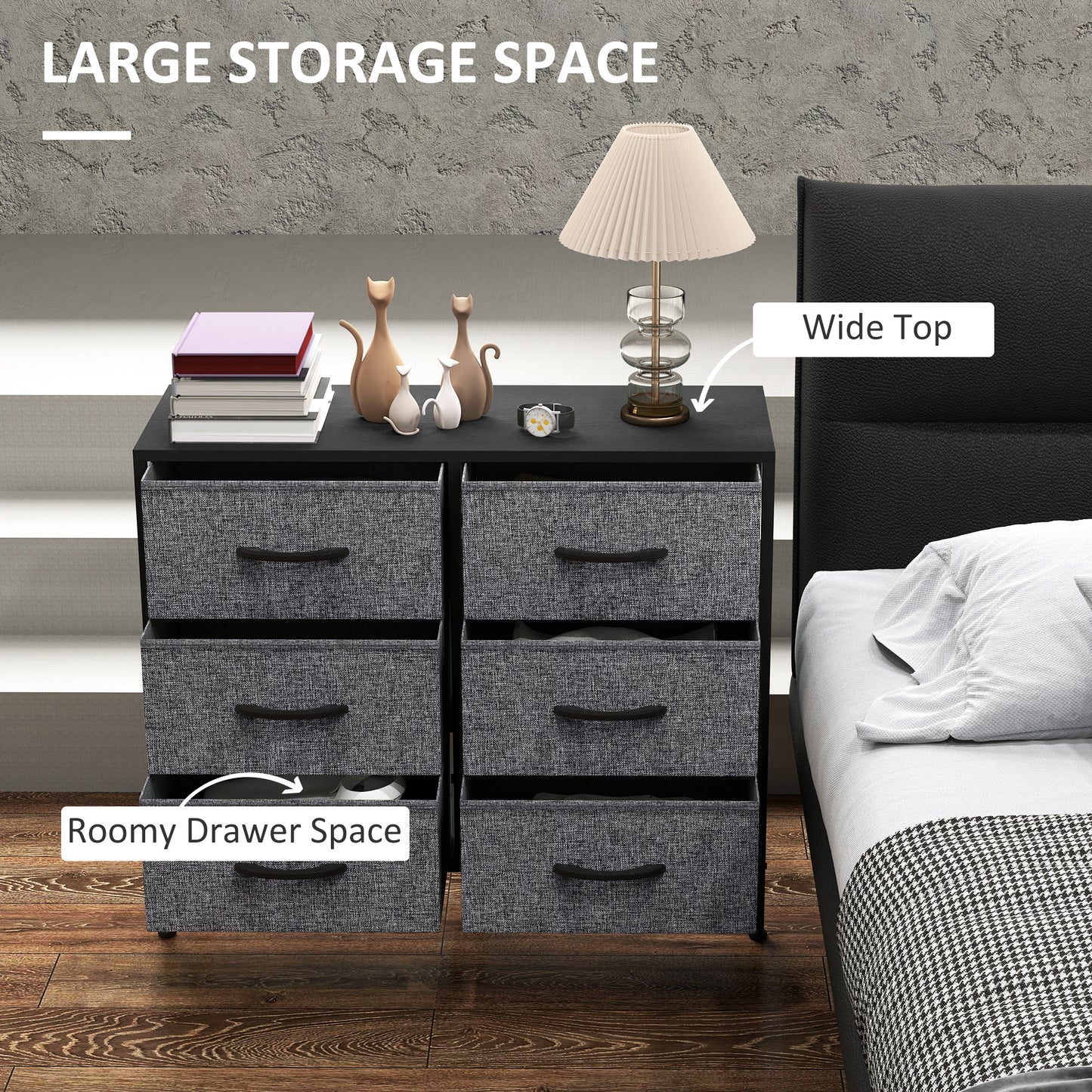 Fabric Chest of Drawers, Industrial Bedroom Dresser with 6 Fabric Drawers, Steel Frame and Wooden Top for Nursery