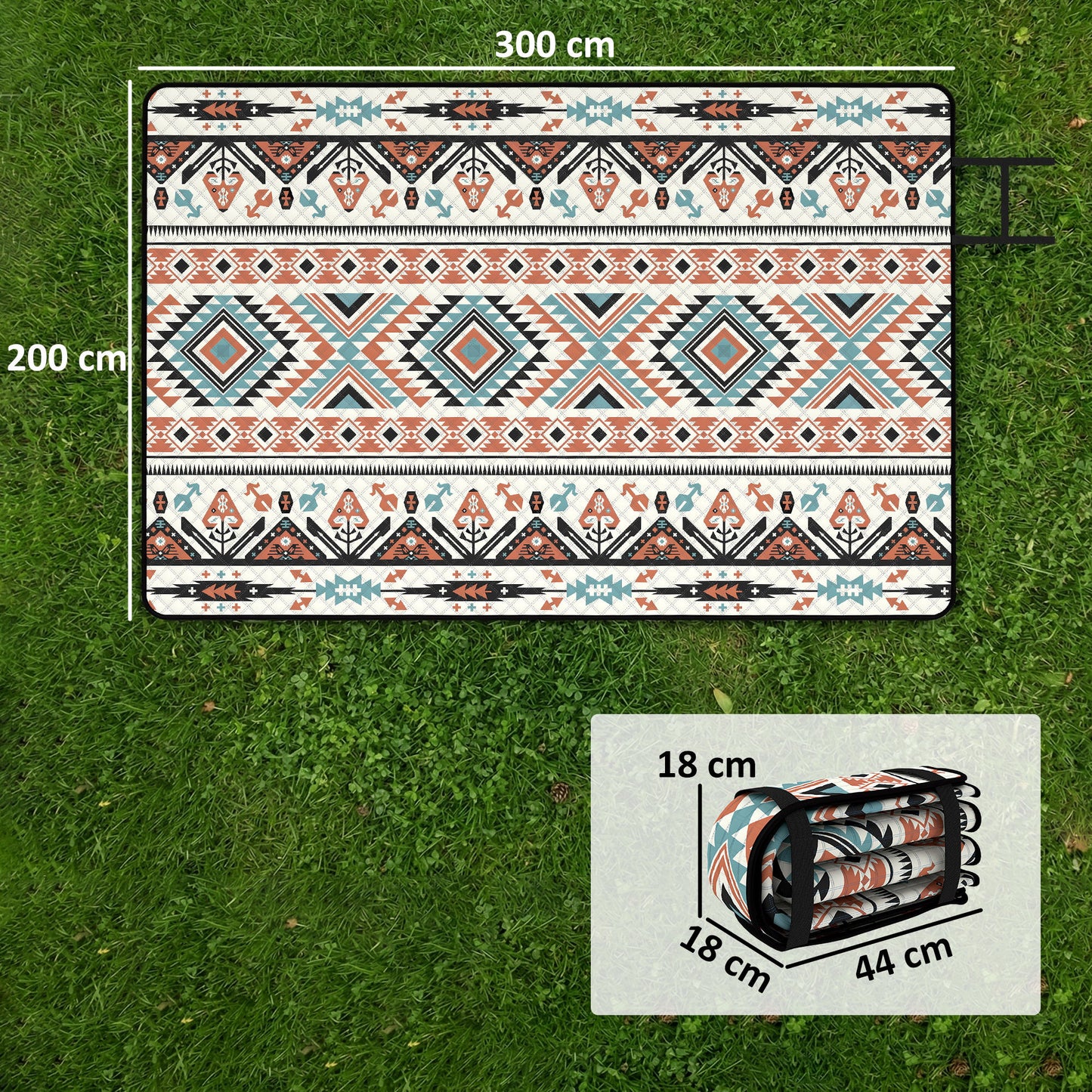 Picnic Blanket, 300x200CM Large Beach Blanket Outdoor Picnic Mat with Integrated Strap for Camping, Mix-Colour