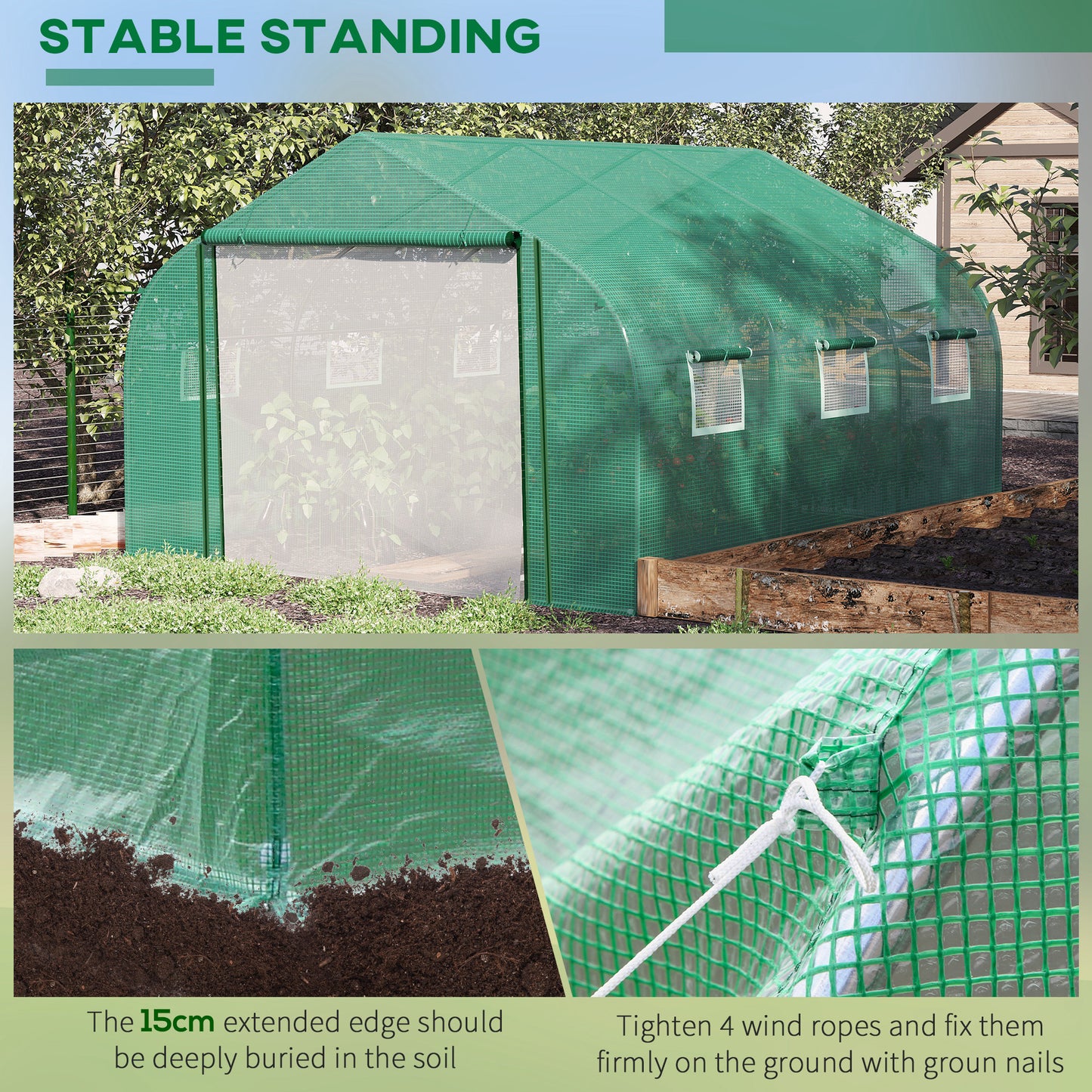 Walk-in Polytunnel Garden Greenhouse, Outdoor Mesh Door Greenhouse with PE Cover and 6 Windows, 3.5 x 3 x 2m, Green