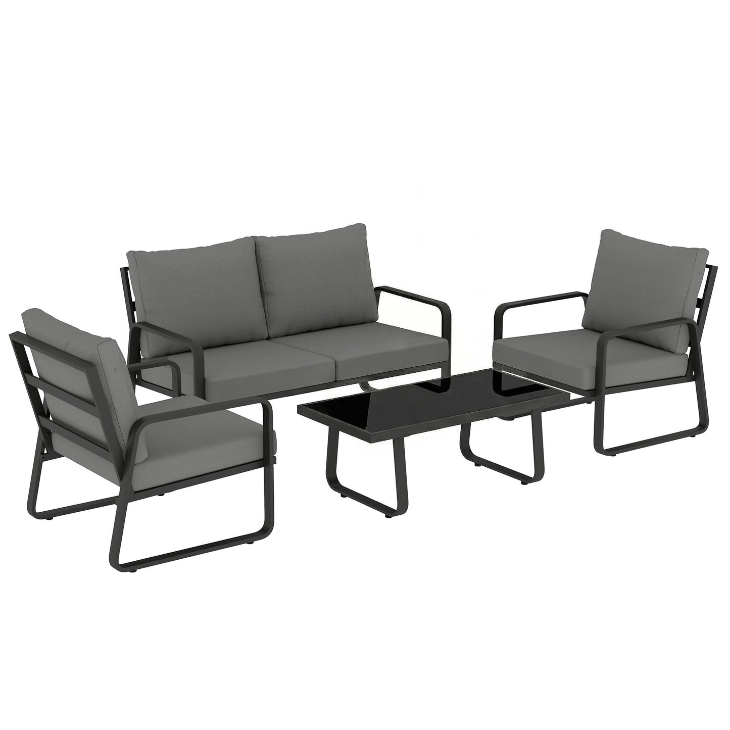 4 Piece Garden Furniture Set, Outdoor Sofa Set with Loveseat, 2 Armchairs, Coffee Table and Cushions