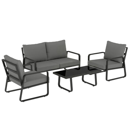 4 Piece Garden Furniture Set, Outdoor Sofa Set with Loveseat, 2 Armchairs, Coffee Table and Cushions