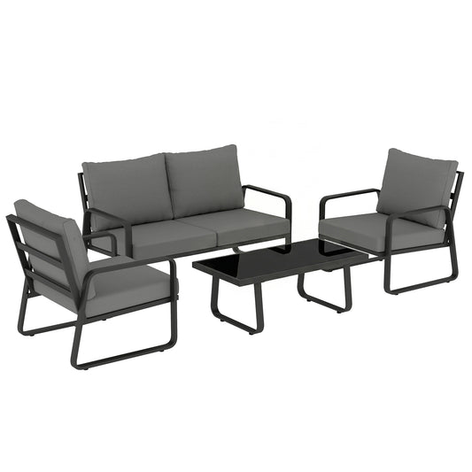 4 Piece Garden Furniture Set, Outdoor Sofa Set with Loveseat, 2 Armchairs, Coffee Table and Cushions