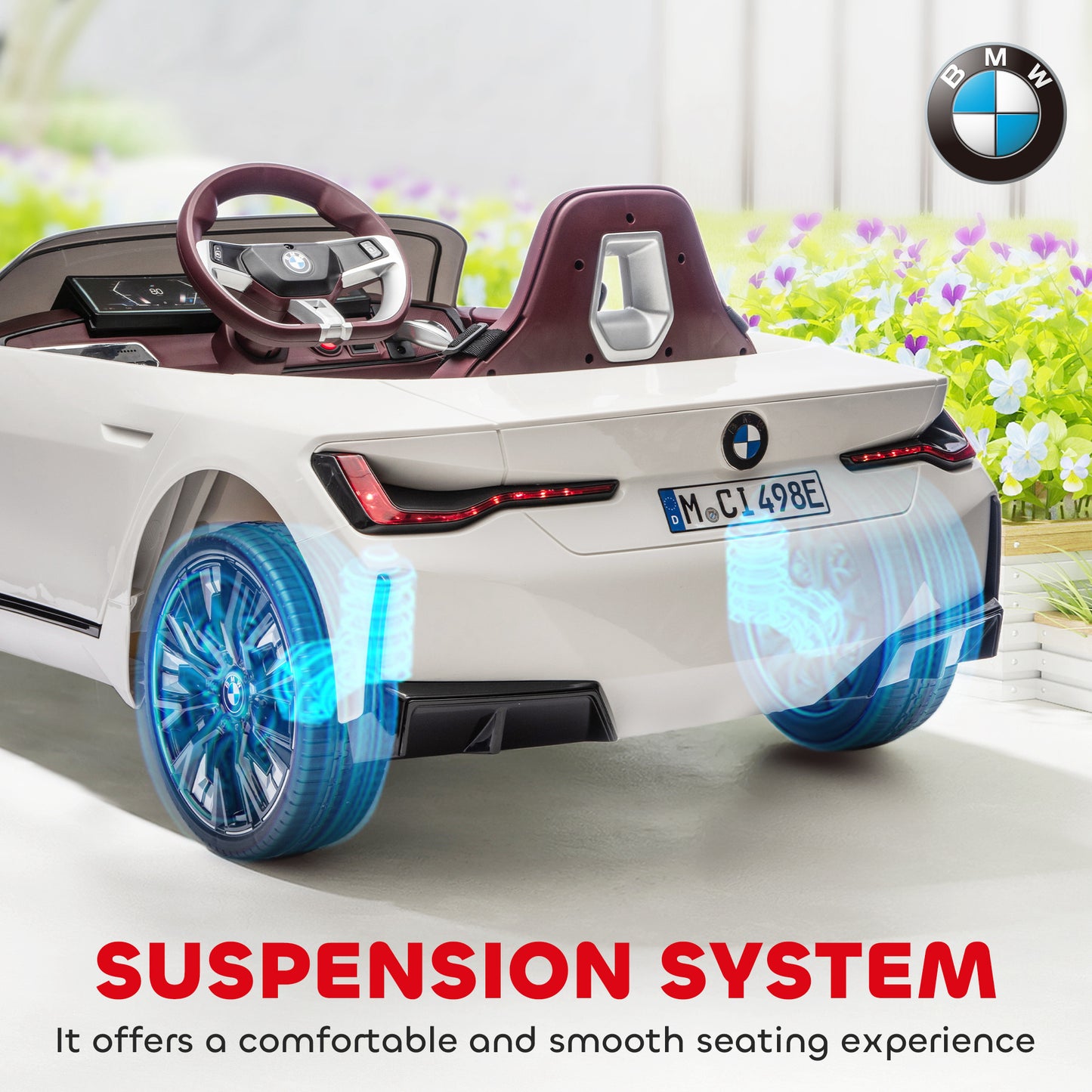 BMW i4 Licensed 12V Kids Electric Ride-On Car, White, Red and Light Blue