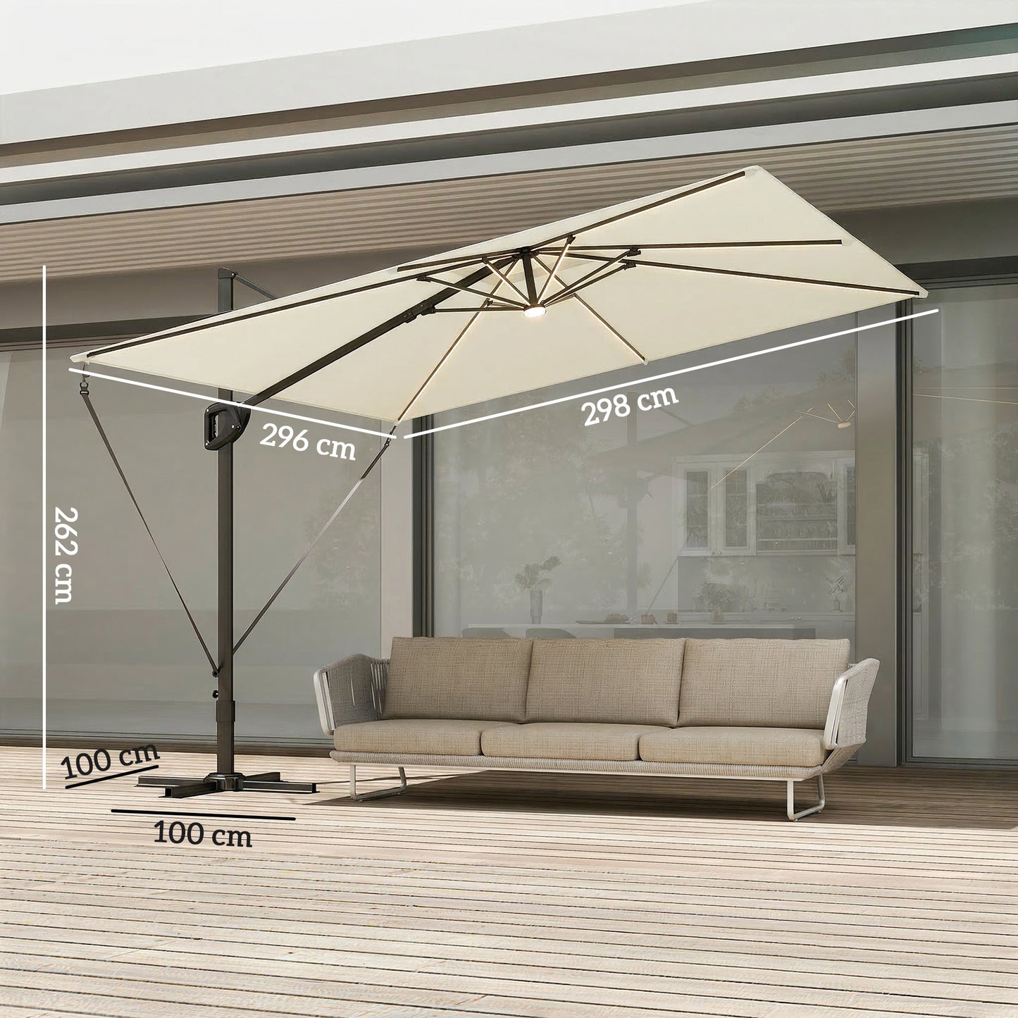 3 x 3 m Garden Cantilever Parasol w/ Light, Cover, UPF50+ Patio Umbrella w/ Wind Protection, 360° Rotation, Cream White